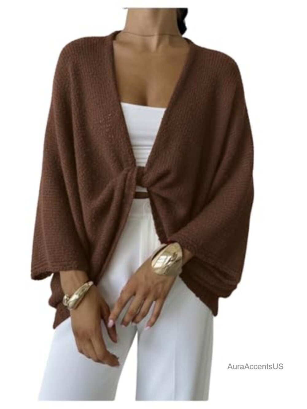 Women's Oversized Fall Wrap Knit Sweater Cropped Bat Wing Long Sleeve Pullover
